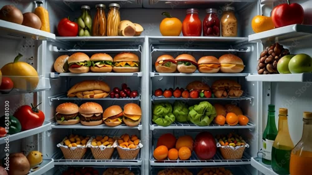 Open Refrigerator with Burger and Fresh Products Open Refrigerator with Burger and Fresh Products