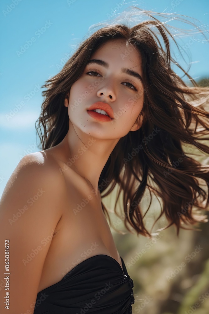 A woman in black dress with her hair blowing in the wind. A woman in black dress with her hair blowing in the wind.