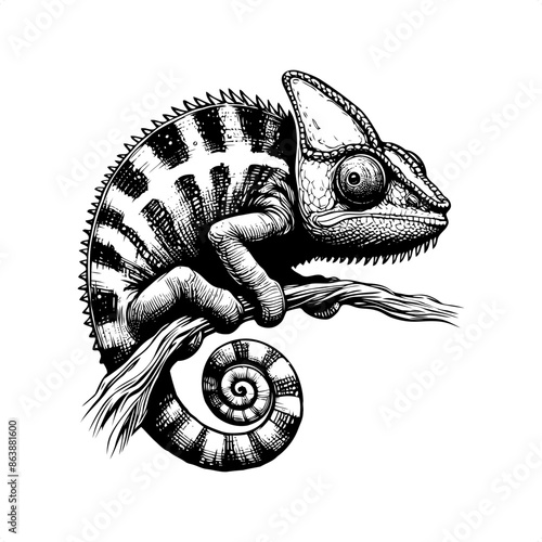 Chameleon in black and white animal illustration
