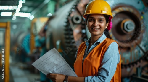 Female engineer worker, happy Asian working woman smiling in heavy industrial machinery factory Indian female engineer working with documents at prefabricated work site