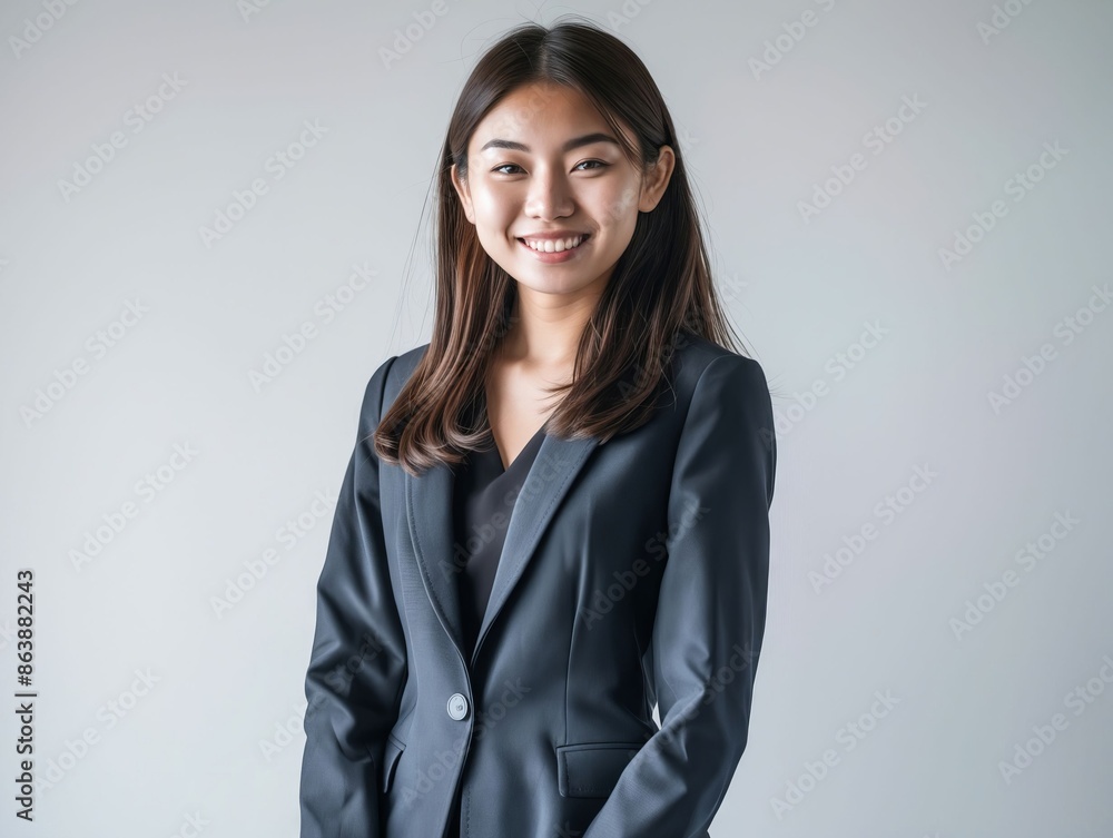 A young woman in a business suit posing for a photo. A young woman in a business suit posing for a photo.