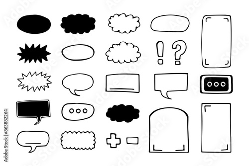 Set of comic frames, text boxes and speech bubbles. Freehand doodle vector illustrations, graphic design elements.