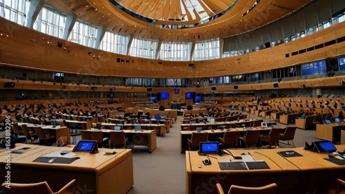 Empty Parliament Chamber with Desks, Chairs and Computers
