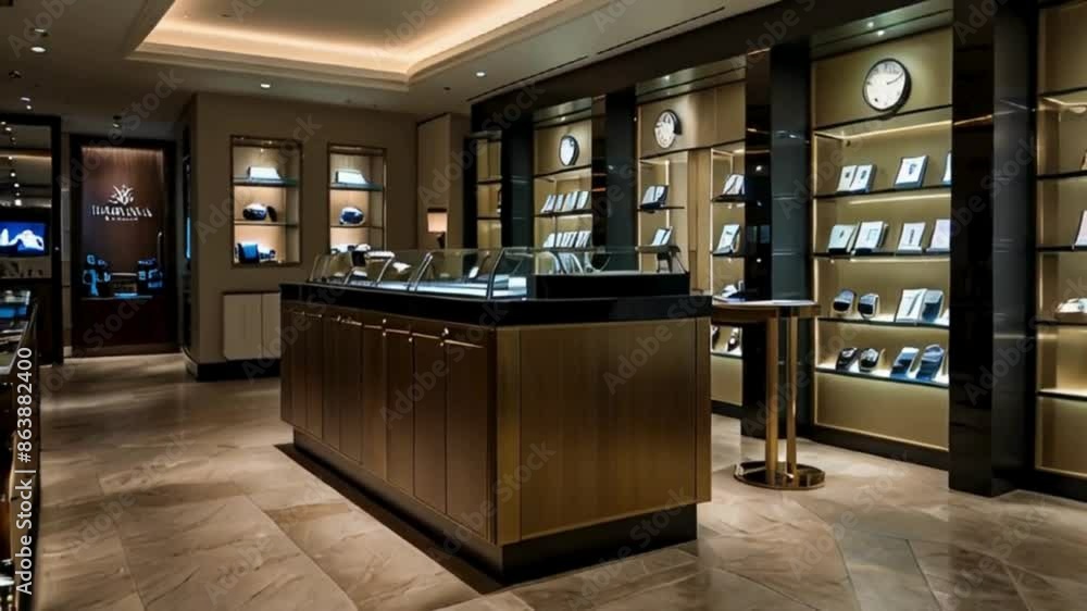 Modern Retail Store Interior with Display Cases of Luxury Watches Modern Retail Store Interior with Display Cases of Luxury Watches