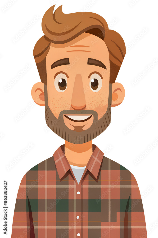 An illustration of a man with brown hair and a beard wearing a red and green plaid shirt, smiling for the camera An illustration of a man with brown hair and a beard wearing a red and green plaid shirt, smiling for the camera