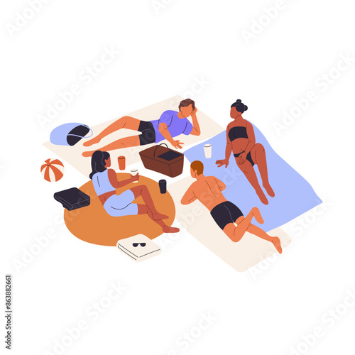 People sunbathing on sand beach in sea vacations. Group of friends has a rest in summer holidays together. Tanned men and women talk, relax on seashore. Flat isolated vector illustration on white
