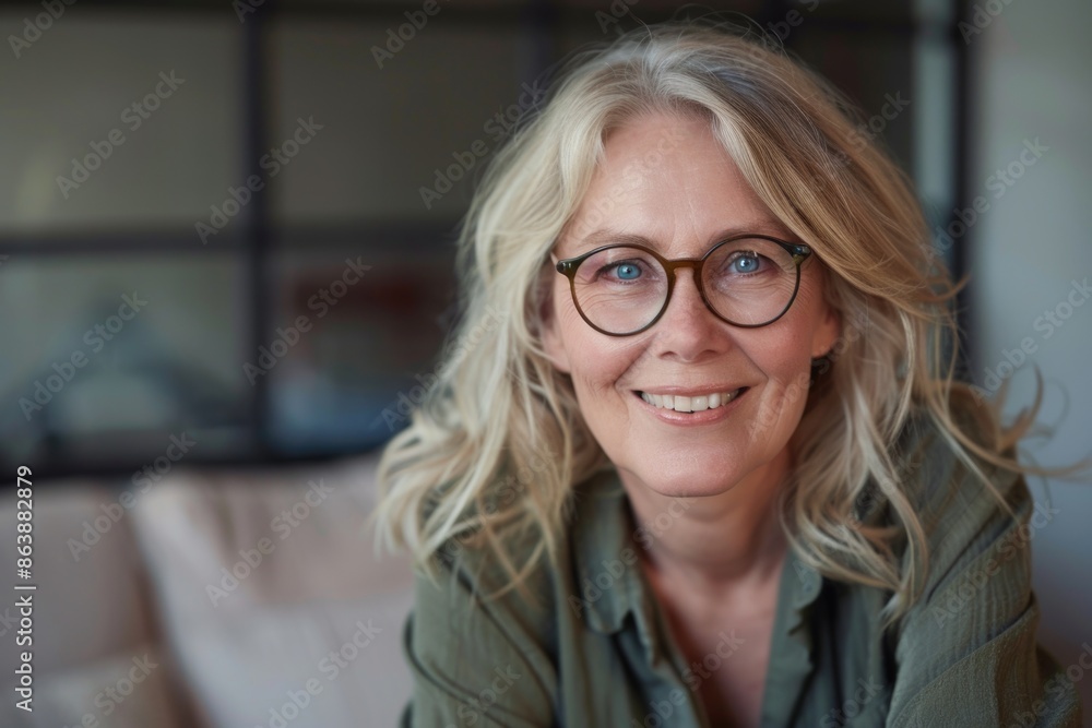 A woman sits on a couch wearing glasses and reads a book A woman sits on a couch wearing glasses and reads a book