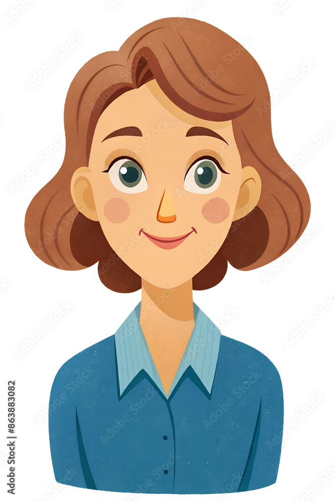 An illustration of a woman with short brown hair, wearing a blue collared shirt, with a warm and friendly smile An illustration of a woman with short brown hair, wearing a blue collared shirt, with a warm and friendly smile