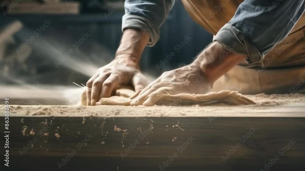 A Caucasian male carpenter, in his 30s, sands wood in a workshop, dust flying. He wears a denim shirt and apron, working during the daytime with focus and precision. A Caucasian male carpenter, in his 30s, sands wood in a workshop, dust flying. He wears a denim shirt and apron, working during the daytime with focus and precision.