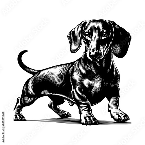 Dachshund in black and white animal illustration