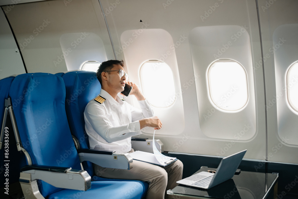 Asian Confident male pilot in uniform leaning at the passenger seat while standing inside of the airplane flight cockpit during takeof Asian Confident male pilot in uniform leaning at the passenger seat while standing inside of the airplane flight cockpit during takeof