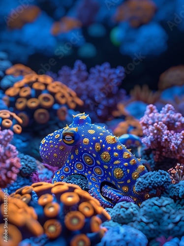 Blue ringed octopus hiding on a coral reef in the ocean