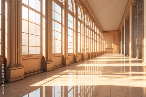 a long hallway with large windows