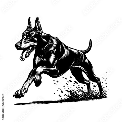 Doberman in black and white animal illustration