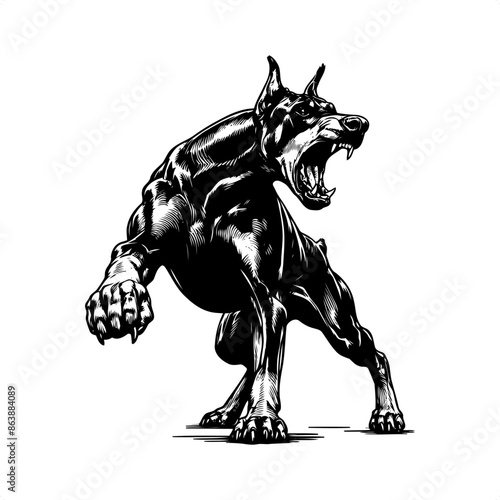 Doberman in black and white animal illustration