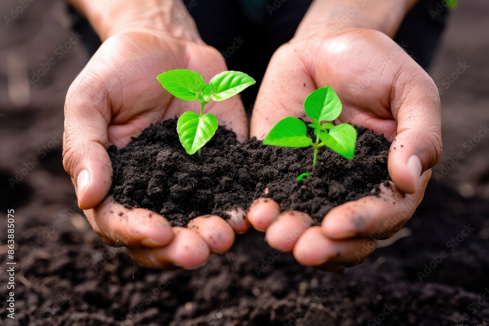 Hands holding a nurturing a young seedling Hands holding a nurturing a young seedling