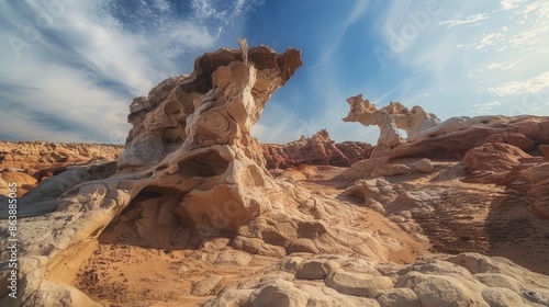 A scenic view of Monument Valley featuring red sandstone formations and a vast desert landscape under a clear sky in the American Southwest