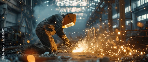 Welder Working on Metal in Industrial Setting