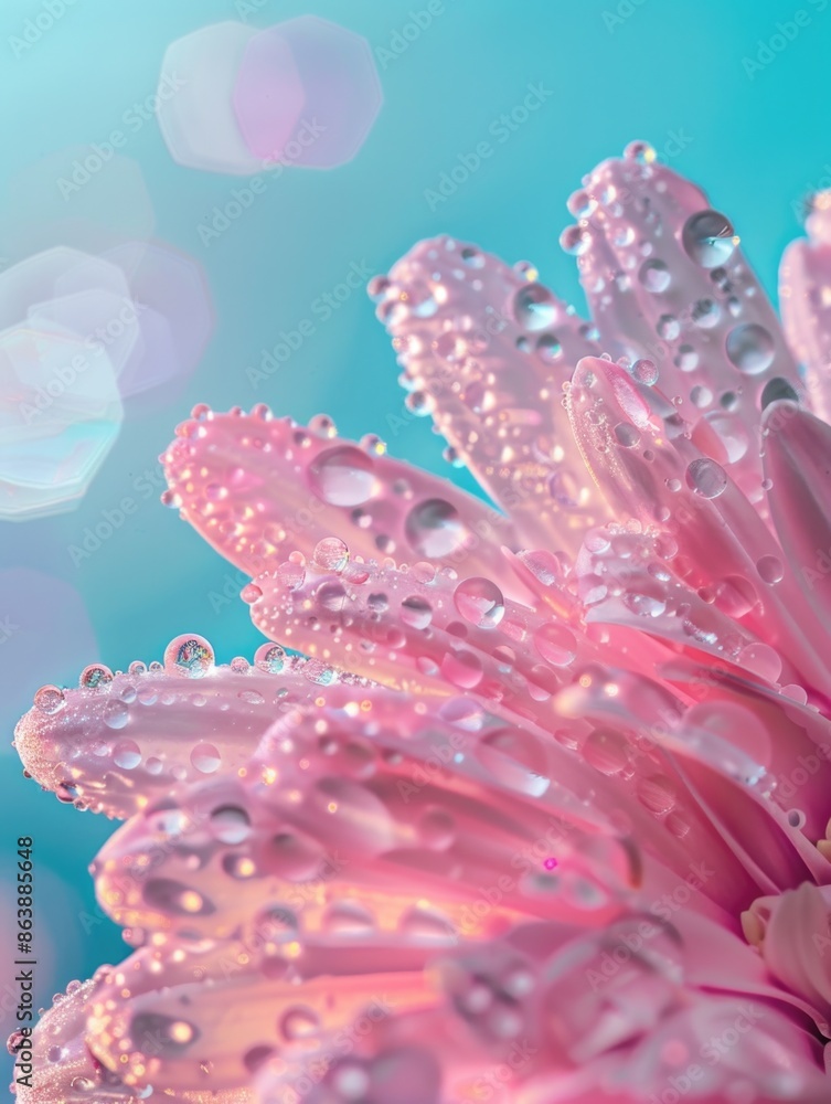 A close-up of a pink flower with water droplets glistening on its petals A close-up of a pink flower with water droplets glistening on its petals