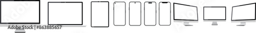 Set of Realistic computer laptop smartphone with transparent screen. Tablet gadget template, Group PC laptop mobile devices mockup. I phone iPad and mac LCD presentations wallpaper design