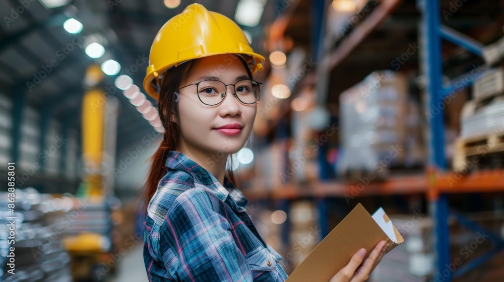 Young handsome Asian engineer or technician or worker Warehouse or factory, blurred background Industry or logistics concept with copy space Young handsome Asian engineer or technician or worker Warehouse or factory, blurred background Industry or logistics concept with copy space
