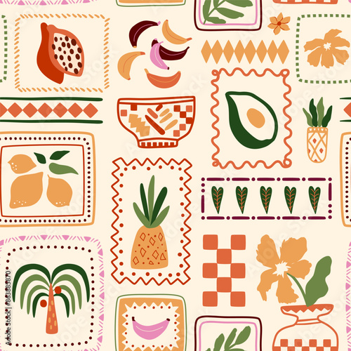 Tropical patchwork seamless pattern. Summer vector geometric frame with exotic fruits. Cute jungle palm tree framed, flowers, vase, food repeat background, checkered print, bright childish wallpaper.