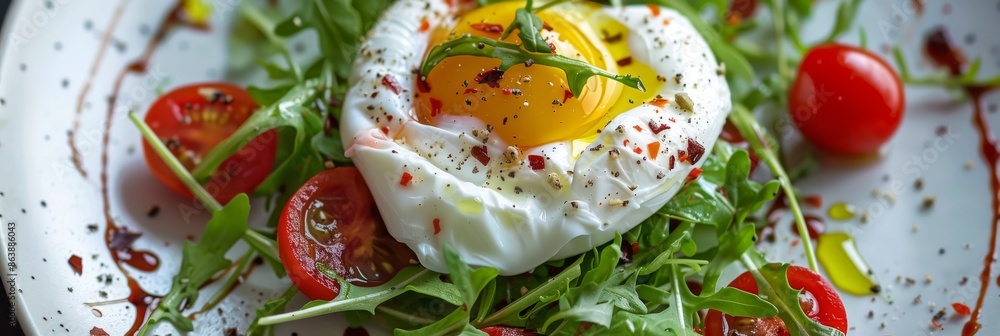 Salad with poached egg, sweet bell pepper, lettuce and cherry tomatoes. Restaurant starter menu Salad with poached egg, sweet bell pepper, lettuce and cherry tomatoes. Restaurant starter menu
