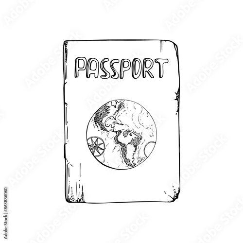 Multinational world passport id official document with gold letters and globe. Vector ink hand drawn illustration of isolated object. Design for tourism, travel, brochure, guide, print, card, tattoo
