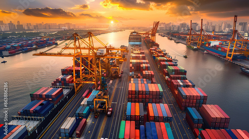 An aerial view of a port terminal, a container, a cargo ship