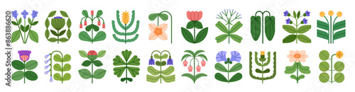 Flower icons set. Abstract floral design elements. Spring and summer blossoms, blooming plant branches, whimsical shapes. Modern botanical flat vector illustrations isolated on white background