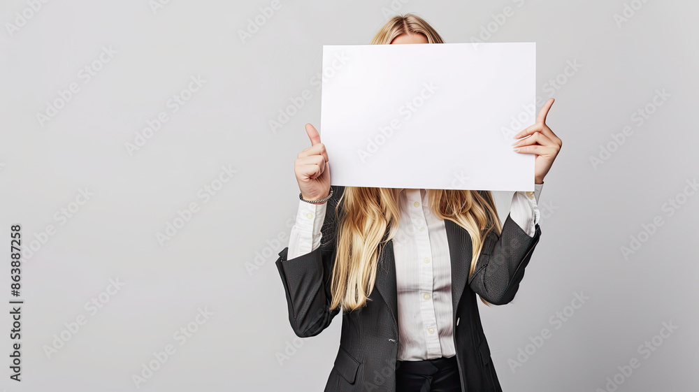 Successful Blonde Businesswoman Holding Blank Sign with Thumbs Up Successful Blonde Businesswoman Holding Blank Sign with Thumbs Up