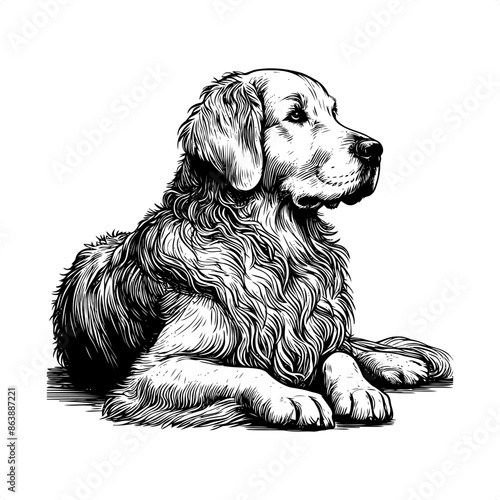 golden Retriever in black and white animal illustration