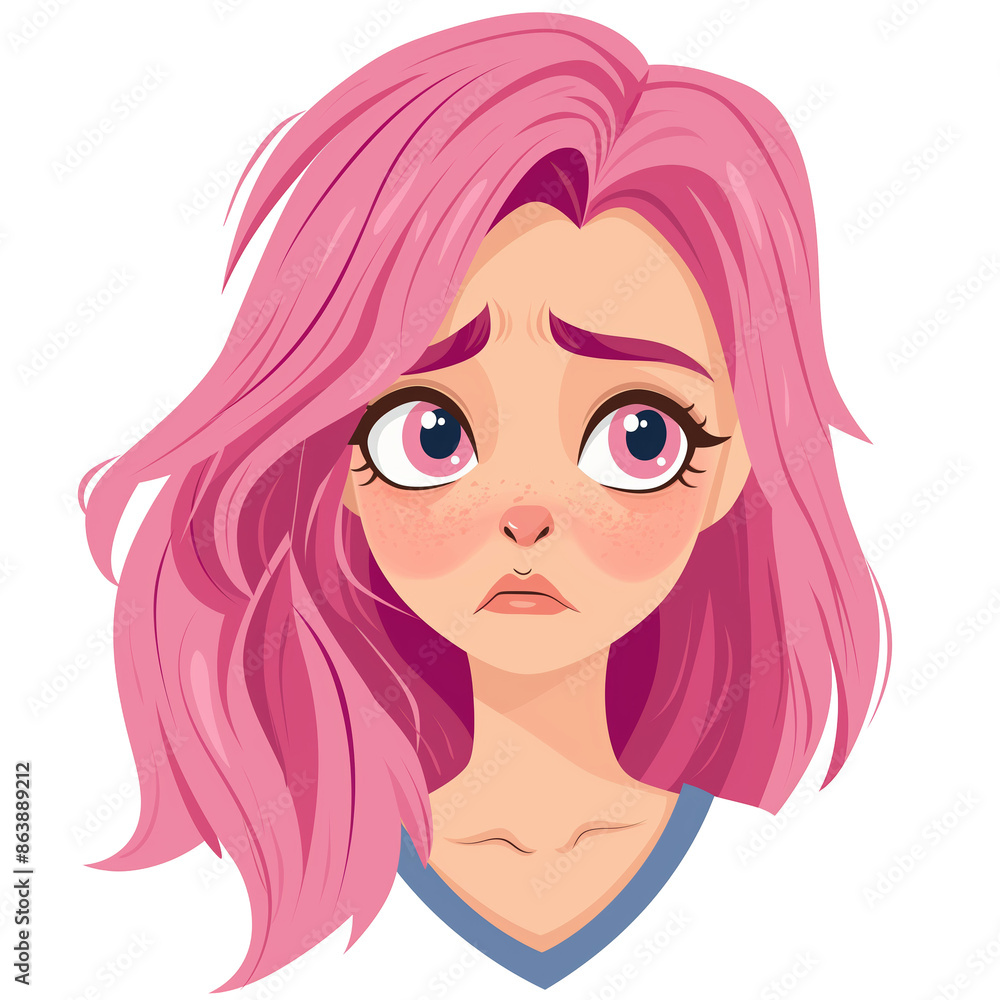 girl with pink hair and sad facial expression . Clipart PNG image . Transparent background . Cartoon vector style girl with pink hair and sad facial expression . Clipart PNG image . Transparent background . Cartoon vector style