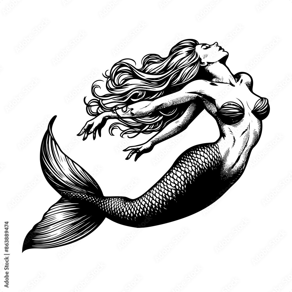 Obraz premium Mermaid in black and white animal illustration