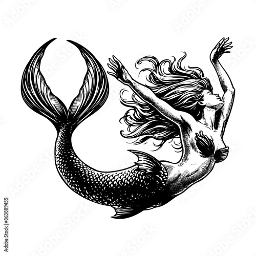 Mermaid in black and white animal illustration