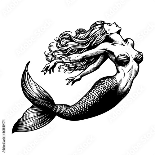 Mermaid in black and white animal illustration