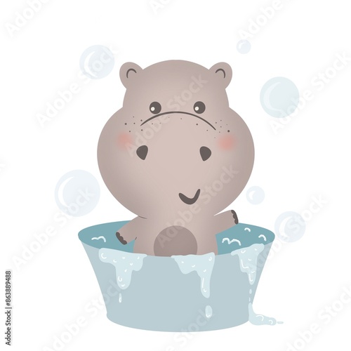 A happy cartoon hippopotamus sits in an blue tub with bubbles and splashes of water around, implying fun bath time, cartoon illustration