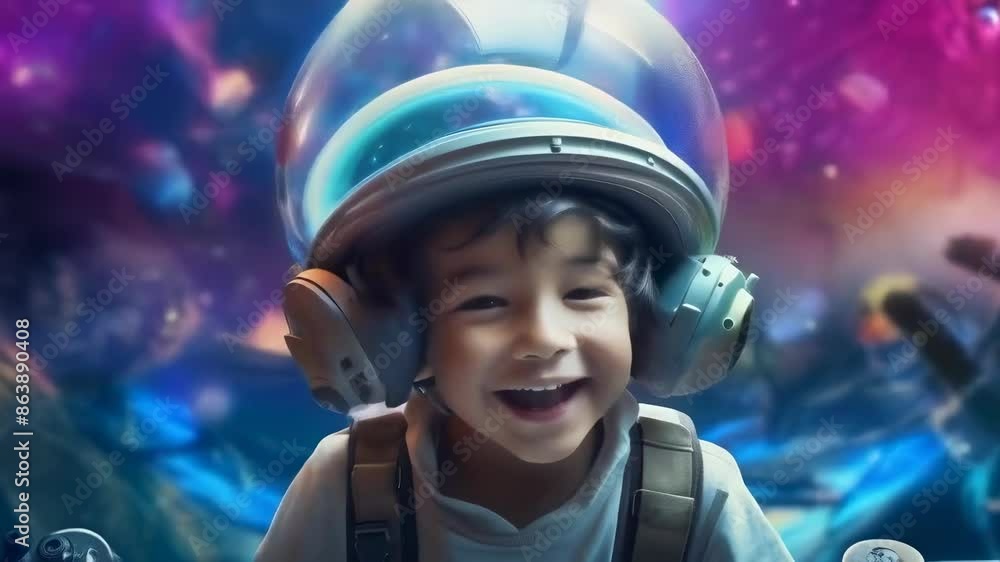 A young boy with curly hair, possibly of Hispanic ethnicity, smiles widely while wearing an astronaut helmet in a space-themed setting. The background features cosmic elements, creating an A young boy with curly hair, possibly of Hispanic ethnicity, smiles widely while wearing an astronaut helmet in a space-themed setting. The background features cosmic elements, creating an