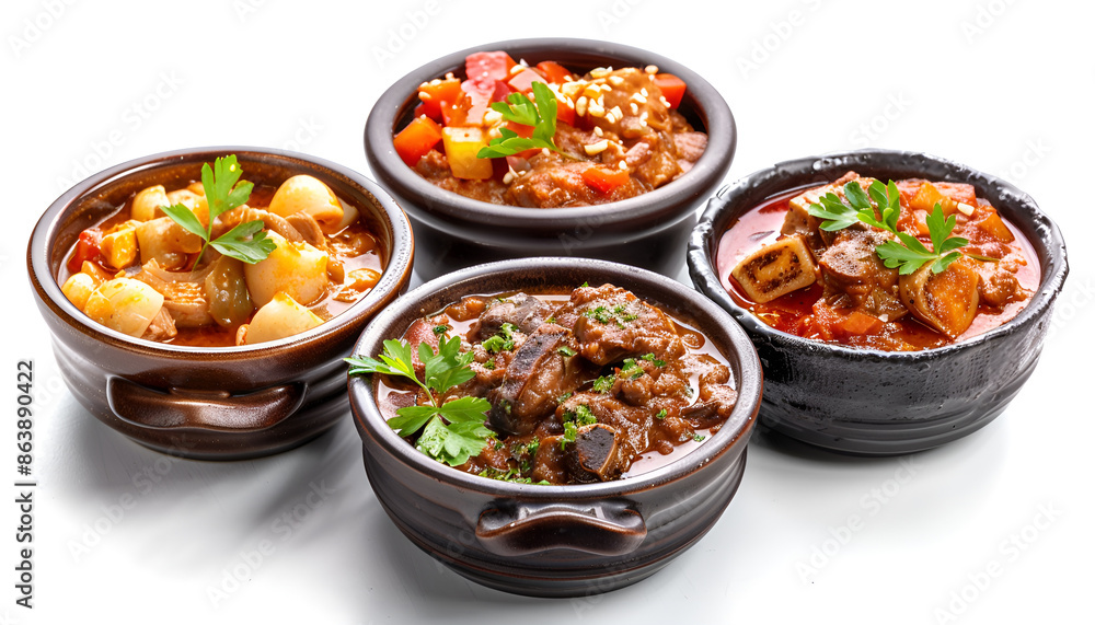 Tasty goulash. Set with cooked meat isolated on white Tasty goulash. Set with cooked meat isolated on white