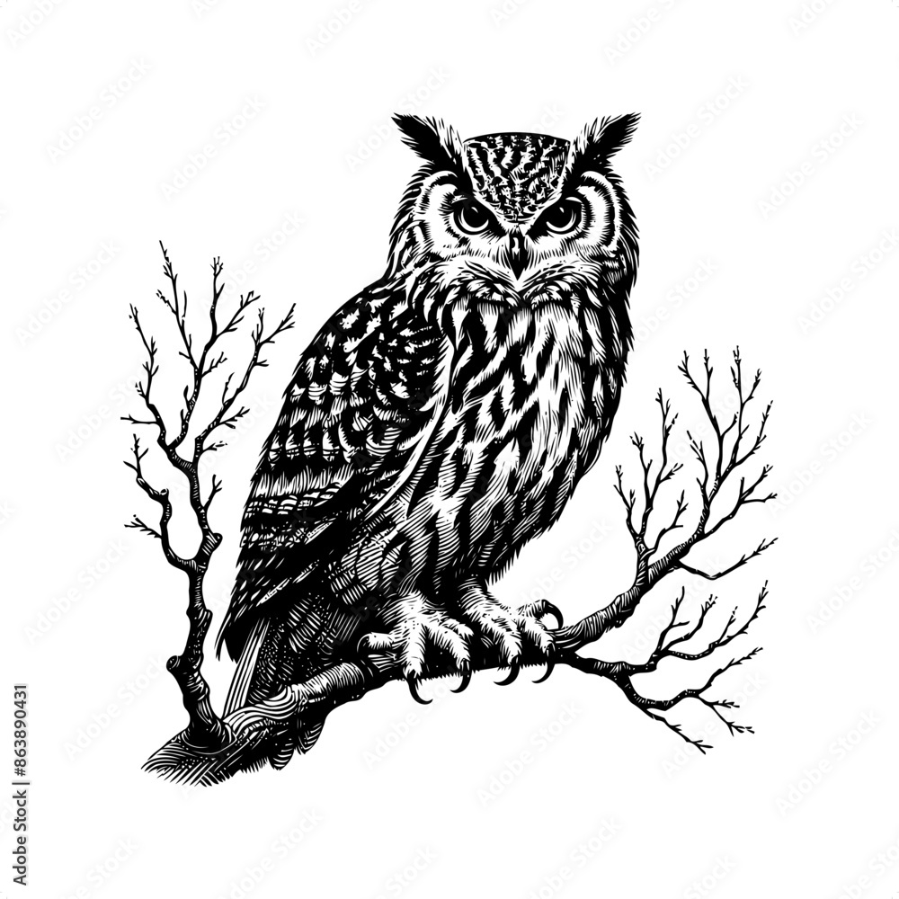 Fototapeta premium owl in black and white animal illustration