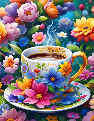 A floral cup of tea and beautiful flowers all around photo