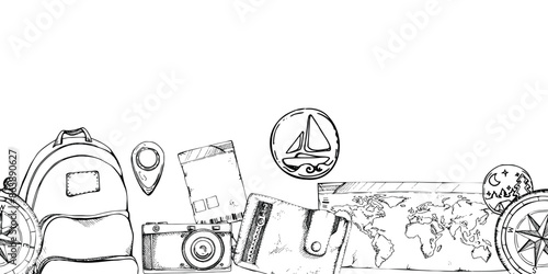 Vintage retro luggage, wallet backpack tickets compass, old camera, map. Vector ink hand drawn art. Isolated seamless banner. Design for tourism, travel brochure, wedding guide, print, card, tattoo.