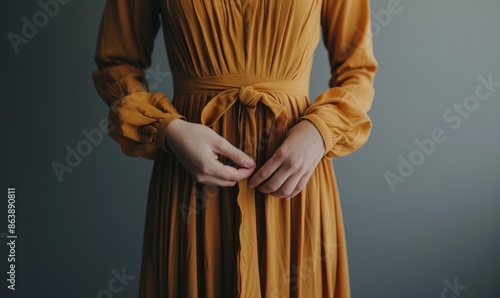 woman in elegant mustard yellow dress with long sleeves and pleated skirt, posing against gray background in close up shot