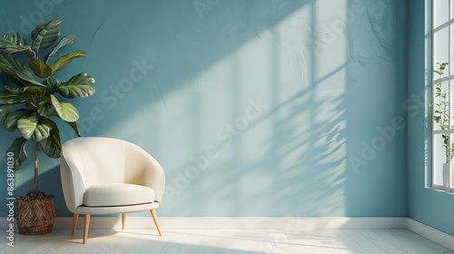 A lounge chair and sofa in a living room with a blue accent wall, featuring ample space for copy, set in a modern or minimalist interior with a pristine white floor