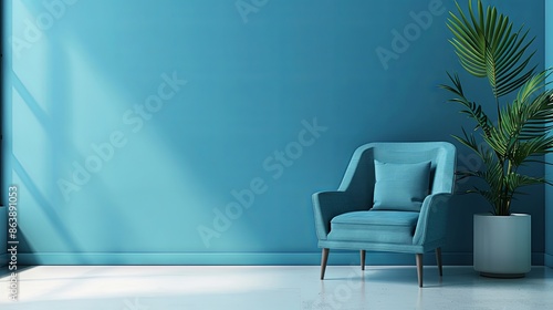 A lounge chair and sofa in a living room with a blue accent wall, featuring ample space for copy, set in a modern or minimalist interior with a pristine white floor photo