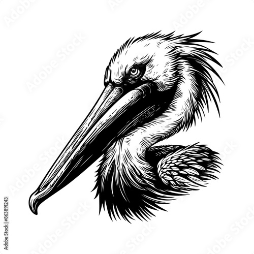 Pelican in black and white animal illustration photo