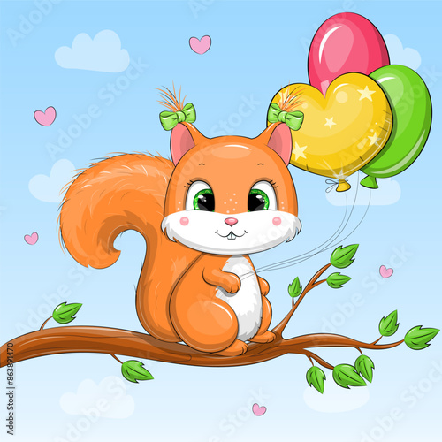 Cute cartoon squirrel holding balloons on the tree. Vector illustration of animal on the blue background