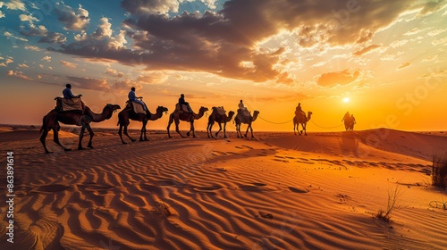 Photograph of an Indian camel (camel driver), a Bedouin with a camel silhouette in the sand dunes of the Thar desert at sunset. Caravan in Rajasthan travel adventure safari background 