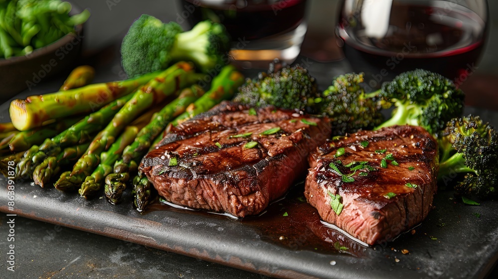 Grilled ostrich steak fillet served with asparagus, broccoli, and a glass of red wine Grilled ostrich steak fillet served with asparagus, broccoli, and a glass of red wine