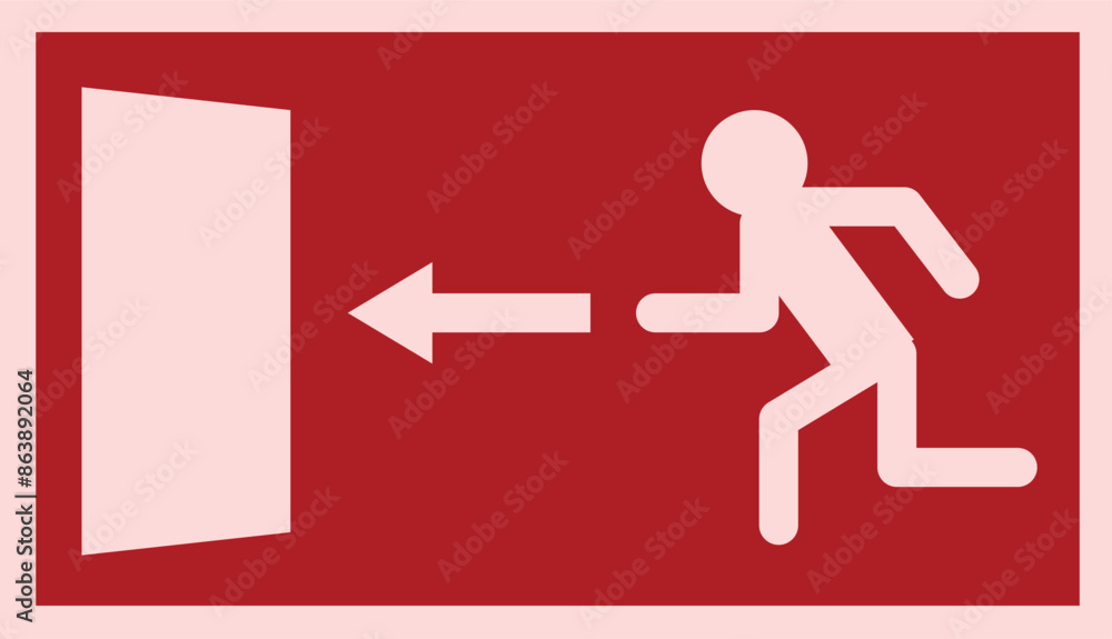 Emergency fire exit Red sign directions. Man running out fire exit
Emergency fire exit Red sign directions. Man running out fire exit